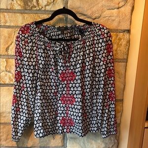 J. Crew Red and Blue Smocked Blouse with 3/4 Cuffed Sleeves